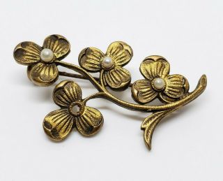 Antique Victorian Gold Gilt Brass Seedling Pearl Three Leaf Clover Brooch Pin