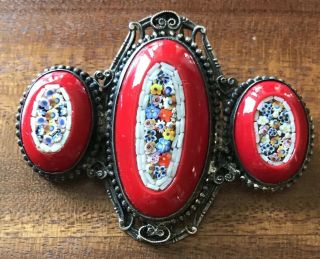 Antique Micro Mosaic Brooch Pin Red Rare Find Set In Sterling Silver.