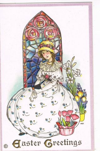 Antique Easter Postcard Young Lady Sitting In Front Of Stained Glass Window