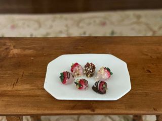 Vintage Miniature Dollhouse Artisan Porcelain Plate Chocolate Strawberries Food