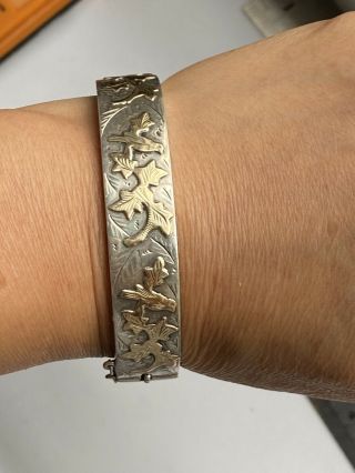 Rare Antique Chester Hallmark Bangle With Gold Swallow Leaf Decoration - 6cm