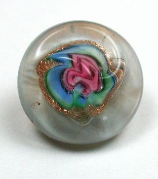 Antique Paperweight Glass Button With Pink Rose Design - 3/8 "