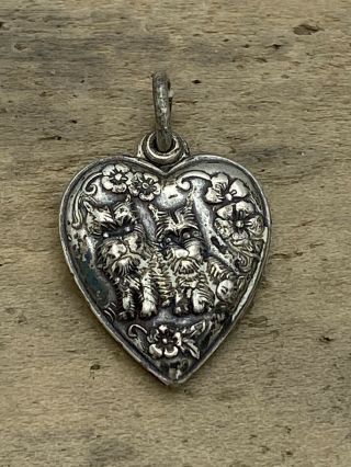 Vtg Antique Sterling Silver Double Scottie Dog Floral Puppy Puffy Heart Charm
