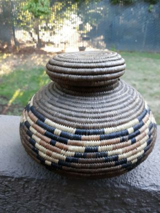 Antique African Native Hand Woven Coiled Lidded Basket Uganda?