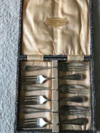 Set Of 6 Vintage Silver Plated Epns Cake Forks Boxed Set