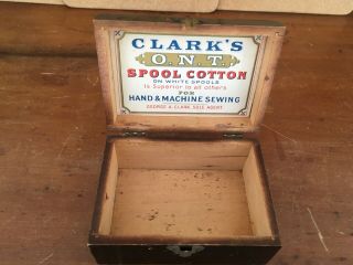 ANTIQUE CLARK ' S O.  N.  T.  SPOOL COTTON THREAD BOX - WOODEN WITH BRASS CLASP & LITHO 2