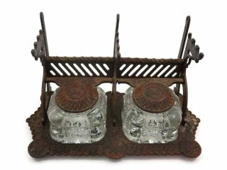Antique Cast Iron Postal Ink Stand Glass Inkwell Pen Holder