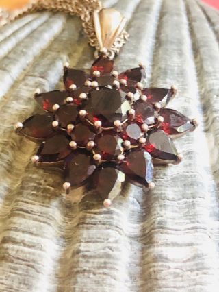 Vintage Silver Necklace With A Floral Pendant With Red Garnets Rare Collectable