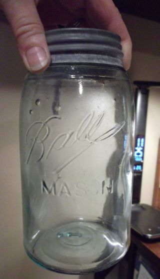 Antique Vintage Ball Mason Jar Blue / Green Quart Triple L Zinc Lid 1