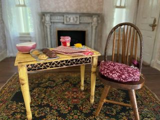 Vintage Miniature Dollhouse Artisan Wood Chippy Yellow Table Chair Food Diorama