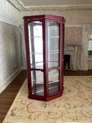 Vintage Miniature Dollhouse Cherry Wood Mirrored Hutch Display Cabinet Shelves