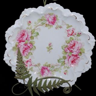 Antique Mz Austria Cabinet Display Plate Floral Pink Roses Scalloped Gold
