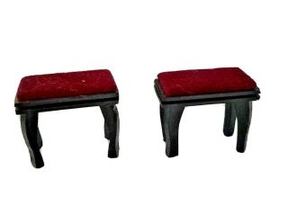 Dollhouse Miniature Foot Stools Chairs Set Of 2 Red Velvet Covered Black Wood