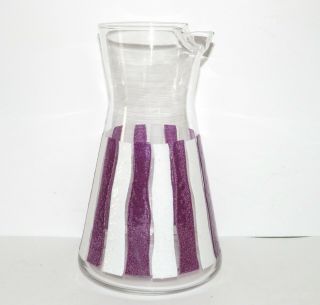 Mid Century Glass Martini Cocktail Pitcher Carafe Enamel Stripes Purple White