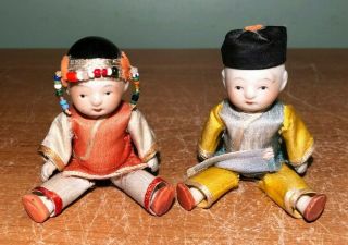2 Antique Asian Japanese Jointed Custom Bisque Porcelain Dolls