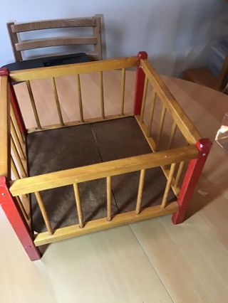 Vintage Wooden Wood Baby Doll Playpen Crib Square Red 1950 