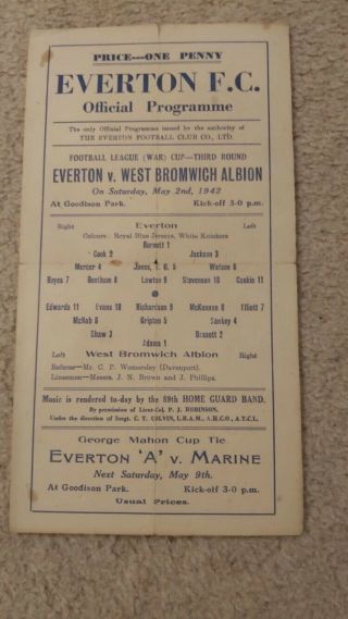 Single Sheet Programme Everton V Wba 41/2 War Cup Rare Item