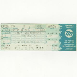 Ray Davies Full Concert Ticket Stub Nyc 2/16/96 Westbeth Theatre The Kinks Rare
