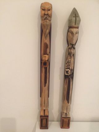 2 Tall Antique Vintage Wooden Hand Carved Large Figurines