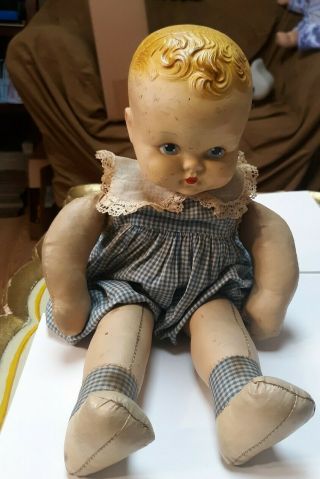 Old Vintage Hard Plastic Head Oil Cloth Body Doll W Checked Romper Krueger Ny