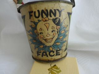 " Funny Face " Vtg Antique Tin Litho Ohio Art Small Sand Pail Clown Face W Shovel