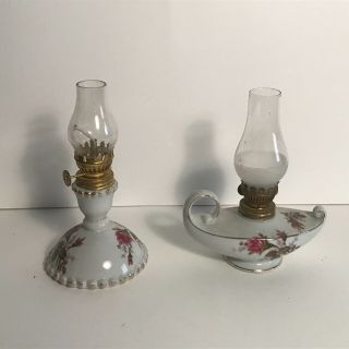 Antique Non Matching Pair Porcelain Miniature Kerosene Oil Lamps Japan