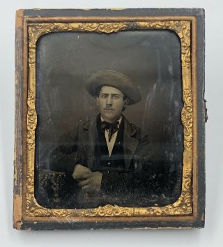 Antique Dated 1858 Tintype Photo Portrait Young Man In Suit & Hat