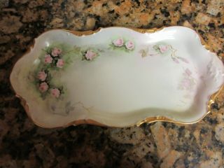 Antique Hand Painted J P L Jean Pouyat Limoges France Vanity Tray Pink Rose 1906