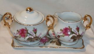 Vintage Sealy Royal Sealy China Moss Rose Cream Pitcher & Sugar Bowl With Tray