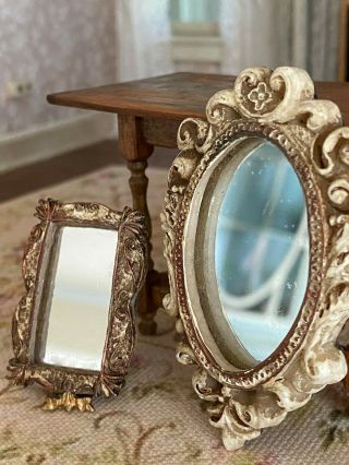 Vintage Miniature Dollhouse Pair Ornate Wood Clay Decorative Mirrors Distressed