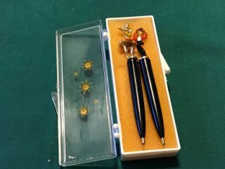 Vintage 3.  5 " Miniature Pens: Ballerina & Tap Dancer: Rhinestone Studded Box
