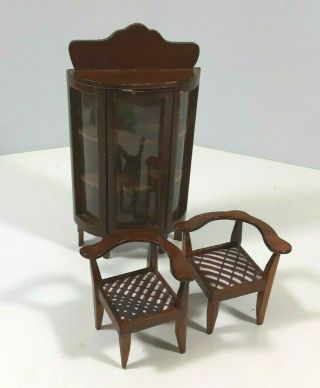 Dollhouse Vintage Curio Cabinet Curved Glass & 2 Upholstered Chairs