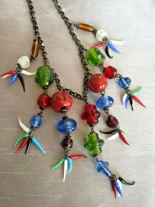 Rare Vintage Murano Glass Large Bead Droplets Statement Necklace Belcher Chain