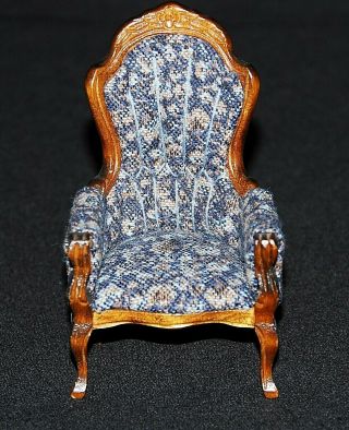 Vtg Miniature Dollhouse Blue Fabric Cabriolet Legs Wing Back Chair Wood Carved