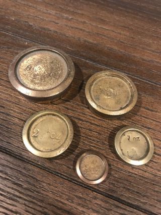 Vintage Set Of 5 Stackable Brass Scale Weights - 1/2 - 1 - 2 - 4 - 8 Ounces - Oz