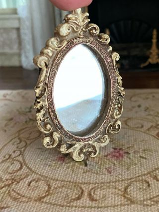 Vintage Miniature Dollhouse Oval Ornate French Distressed Wood Carved Mirror
