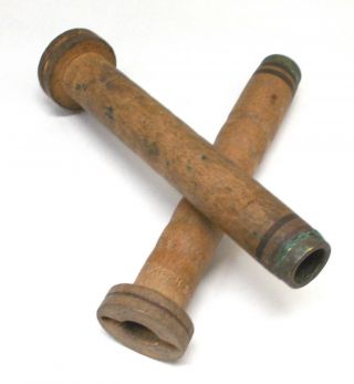 2 Antique Vintage Industrial Wood & Brass Loom Spools Spindles Bobbins