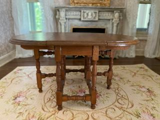 Vintage Miniature Dollhouse Artisan Dining Table Wood Drop Leaf Fold Out Sides