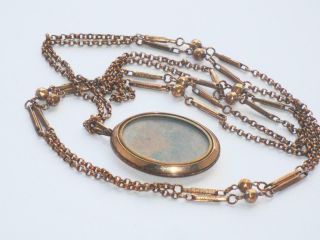 Very Rare Antique Pinchbeck Gold Long Muff Chain & Large Double Sided Locket