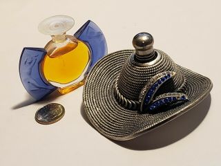 2 Different Vintage Perfume Bottles - 1 Lalique - 1 Figural Hat W Blue Rhinestones
