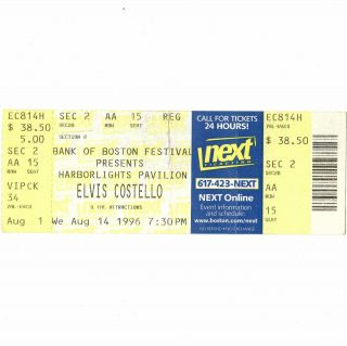 Elvis Costello & The Attractions Full Concert Ticket Stub Boston Ma 8/14/96 Rare