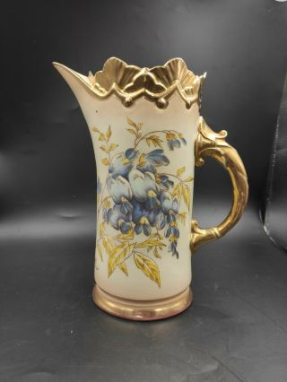 Antique Robert Hanke Rh Ewer Pitcher Vase Hand Painted Floral Gold Austria 1900