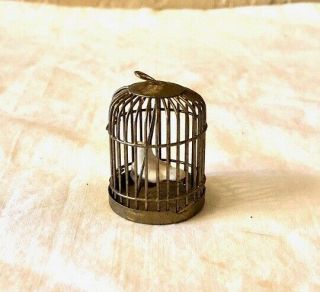 Vintage Miniature Brass Tone Dollhouse Doll House Birdcage White Bird On Swing