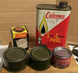 Rare Vintage Coleman Stove And Lantern Fuel 1 Qt Metal Can & Funnel & 3 Sterno