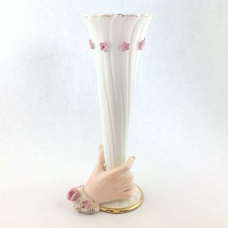 Vintage Art Pottery Ceramic Hand Holding A Trumpet Vase 6 " Tall