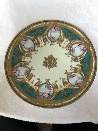 Hand Painted Antique Nippon Plate Teal Pink Roses Heavy Gold