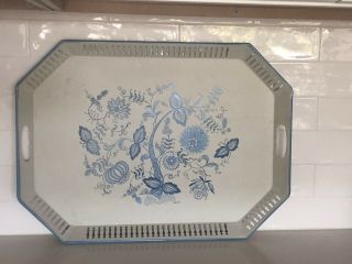 Vintage Large Blue Onion Toleware Metal Serving Tray
