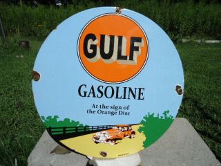 Vintage Rare Old 1950s Gulf Gasoline Porcelain Gas Station Ad Sign " Orange Disc "