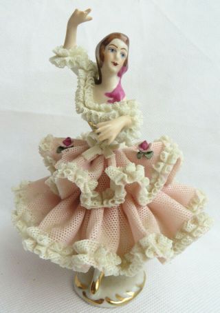 Dresden Germany Crown Figurine Lace Ballerina Pink Delicate Porcelain