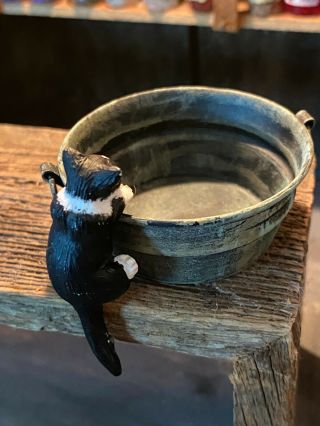 Vintage Miniature Dollhouse Artisan Distressed Metal Wash Basin Tub Black Kitten